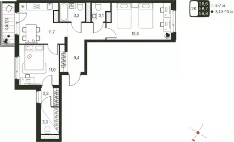 2-к кв. Пермский край, Пермь ул. Серебристая, 1 (59.8 м)