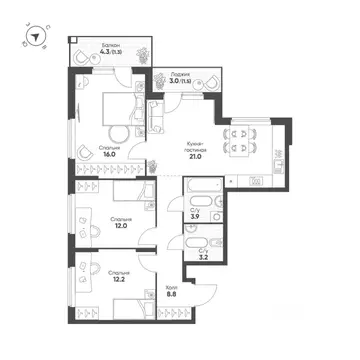 3-к кв. Свердловская область, Екатеринбург Солнечный жилрайон,  (79.9 ...