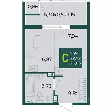 Студия Краснодарский край, Краснодар Образцово мкр,  (26.83 м)