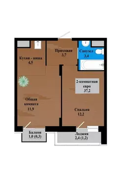 2-к кв. Забайкальский край, Чита просп. Маршала Жукова (37.1 м)