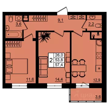 2-к кв. Волгоградская область, Волгоград Рубин жилой комплекс (57.4 м)