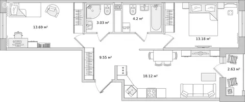 2-комнатная квартира: Новосаратовка, улица Первых, 6к1 (61.6 м)