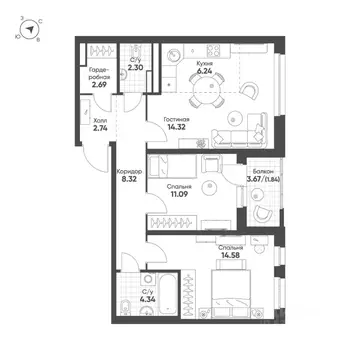 2-к кв. Свердловская область, Екатеринбург Солнечный жилрайон,  (68.5 ...