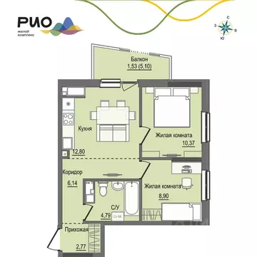 2-к кв. Удмуртия, Ижевск Воткинский жилрайон, Рио жилой комплекс, 1 ...