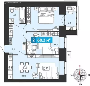 2-комнатная квартира: Засечное, микрорайон Город Спутник (68.2 м)