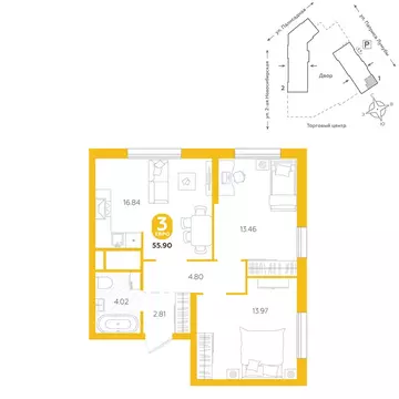 3-комнатная квартира: Екатеринбург, улица Патриса Лумумбы, 4 (55.9 м)