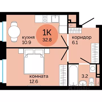 1-к кв. Пермский край, Пермь ул. Яблочкова, 5к4 (32.8 м)