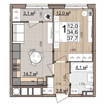 1-к кв. Рязанская область, Рязань Еврокласс жилой комплекс (37.7 м)