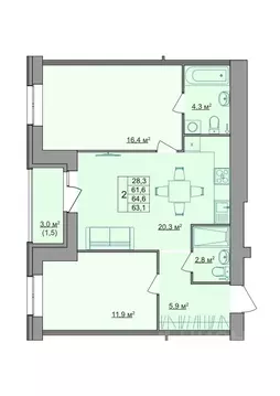 2-к кв. Костромская область, Кострома Магистральная ул., 49А (63.1 м)
