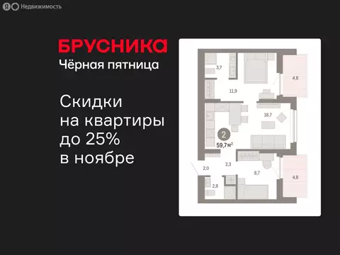 2-комнатная квартира: Новосибирск, квартал Лебедевский, 1/3 (59.7 м)