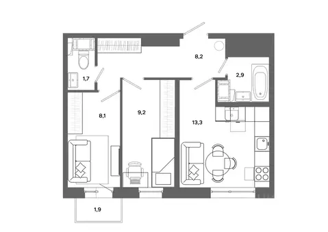 2-к кв. Ханты-Мансийский АО, Сургут ул. Ивана Захарова, 16 (43.4 м)