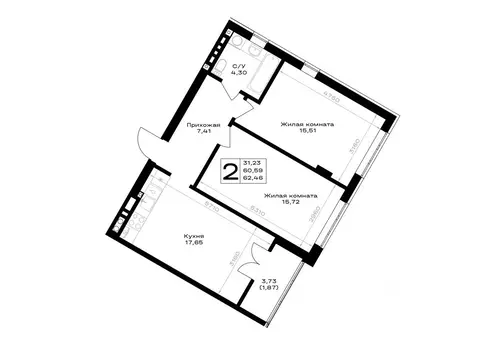 2-к кв. Калининградская область, Гурьевск Включи жилой комплекс (62.46 ...