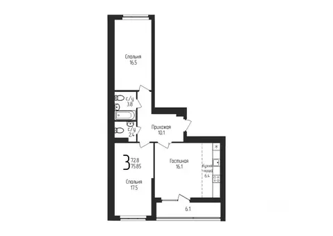 3-к кв. Башкортостан, Уфа ул. Бородинская, 19 (75.85 м)