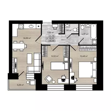 2-к кв. Ярославская область, Ярославль Тормозное ш. (58.58 м)