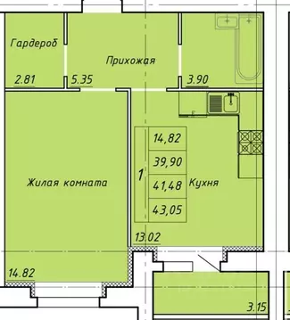 1-к кв. Тамбовская область, Тамбов ул. Гастелло, 109Б (43.05 м)