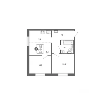 3-к кв. Кировская область, Киров ул. Потребкооперации, 34к1 (52.9 м)
