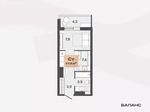 1-комнатная квартира: Тюмень, улица Республики, 204к19 (25.35 м)