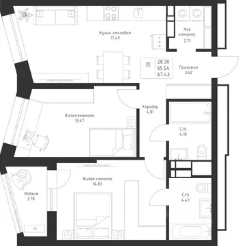 2-к кв. Татарстан, Казань Седьмое Небо жилрайон,  (67.43 м)