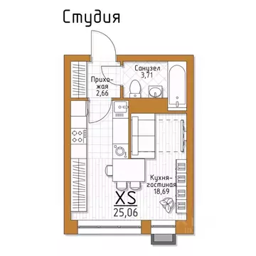 1-к кв. Тульская область, Тула 5 Баллов жилой комплекс (25.06 м)