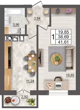 1-к кв. Смоленская область, Смоленск Максимум жилой комплекс (41.61 м)