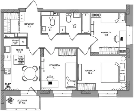3-к кв. Пермский край, д. Кондратово ул. Водопроводная, 5 (64.1 м)