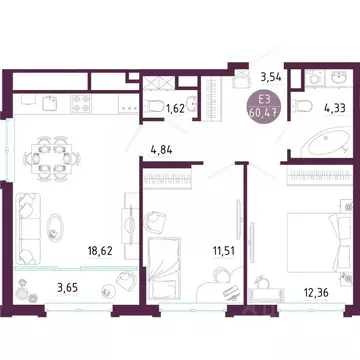 2-к кв. Тульская область, Тула ул. Купцов Гречихиных (60.47 м)