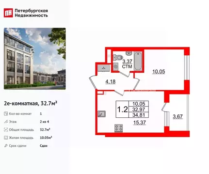 1-к кв. Санкт-Петербург пос. Стрельна, просп. Буденного, 18к3 (32.7 м)