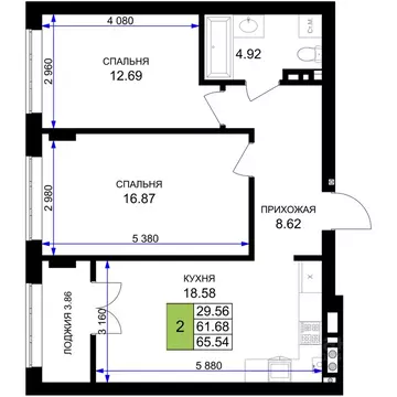 2-к кв. Калининградская область, Гурьевск Включи жилой комплекс (65.54 ...
