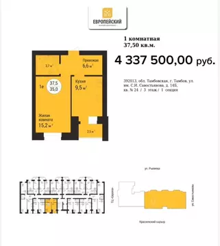 1-к кв. Тамбовская область, Тамбов Телецентр мкр, Европейский-2 жилой ...