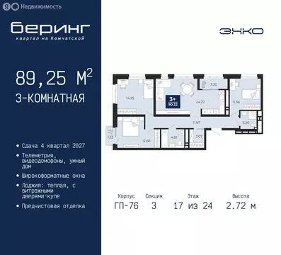 3-комнатная квартира: Тюмень, Ленинский округ, ЖК Беринг (89.25 м)