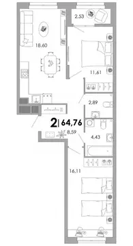 2-к кв. Владимирская область, Владимир Уно жилой комплекс (64.76 м)