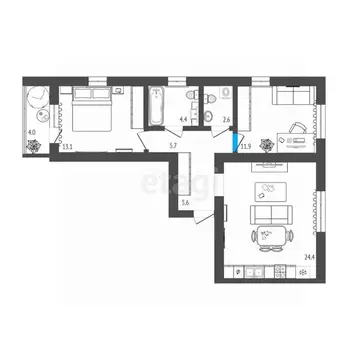 2-к кв. Тюменская область, Тюмень ул. Бориса Прудаева, 4 (68.8 м)