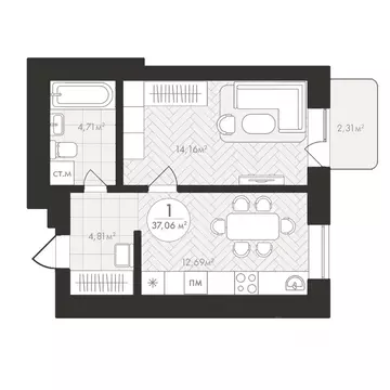1-к кв. Башкортостан, Уфа Южный-2 мкр,  (37.06 м)