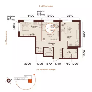 2-к кв. Башкортостан, Уфа ул. Пархоменко (66.9 м)