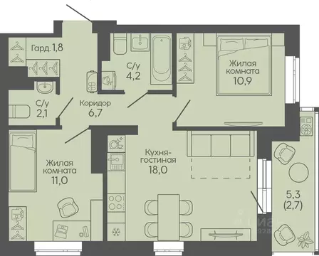 2-к кв. Волгоградская область, Волгоград Трехгорная ул., 27 (57.4 м)