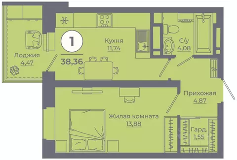 1-к кв. Ростовская область, Ростов-на-Дону ул. Еременко, 113 (38.07 м)