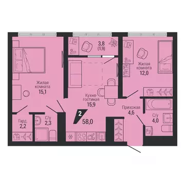2-к кв. Свердловская область, Екатеринбург Вторчермет жилрайон,  (58.0 ...