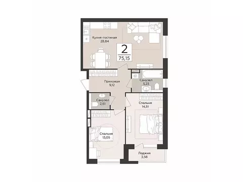 2-к кв. Воронежская область, Воронеж Эклипс жилой комплекс (75.15 м)