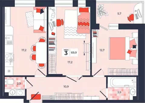 3-к кв. Тульская область, Тула ул. Академика Насоновой, 1А (69.9 м)