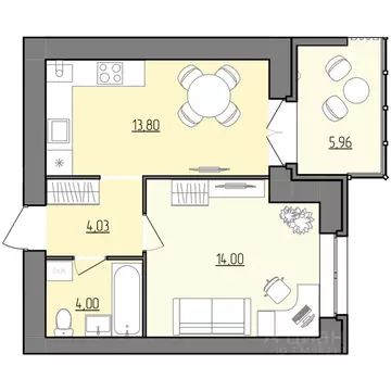 1-к кв. Ярославская область, Рыбинск Февральская ул. (38.81 м)