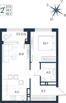 Студия Пермский край, Пермь ул. Космонавта Беляева, 17 (45.7 м)