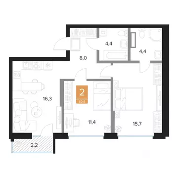 2-к кв. Курская область, Курск Парковый квартал Чувства жилой комплекс ...