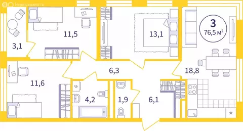 3-комнатная квартира: Екатеринбург, ЖК Астон Реформа (74.97 м)