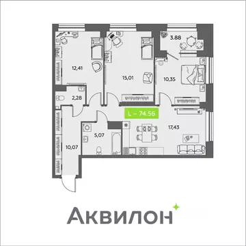 3-к кв. Архангельская область, Архангельск ул. Розы Шаниной, 4 (74.56 ...