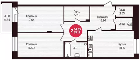 2-к кв. Чувашия, Чебоксары Фруктовая ул., поз1 (85.12 м)