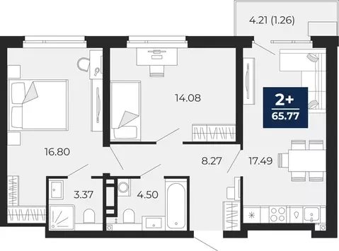 2-комнатная квартира: Тюмень, Арктическая улица, 10 (68.72 м)