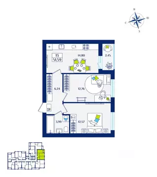 2-к кв. Калининградская область, Зеленоградск  (51.59 м)
