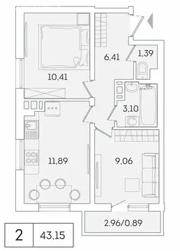 2-комнатная квартира: Мурино, Графская улица, 6к1 (42.6 м)