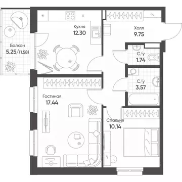 2-к кв. Татарстан, Казань Квартал Сюита жилой комплекс (56.52 м)