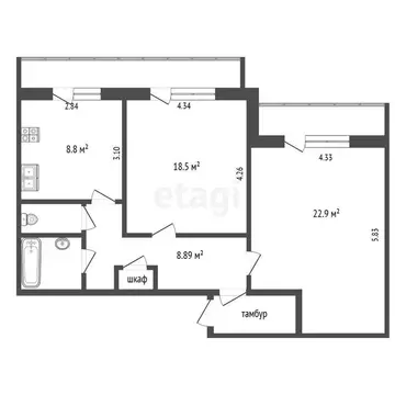 2-комнатная квартира: Омск, 15-я Рабочая улица, 88 (63.2 м)